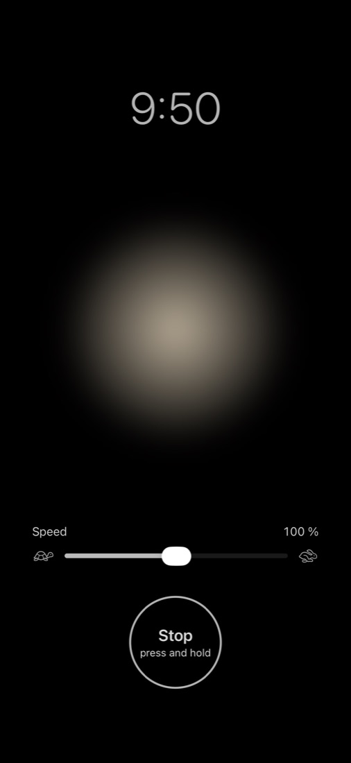 Session screen with a soft glow, a speed slider and a Stop button