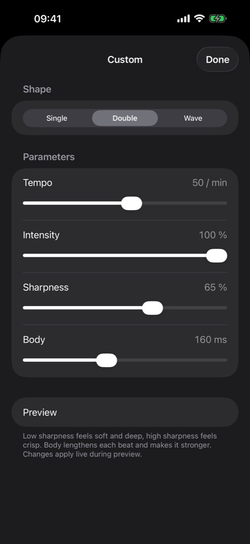 Custom mode: choose single, double or wave, and set tempo, intensity, sharpness and body