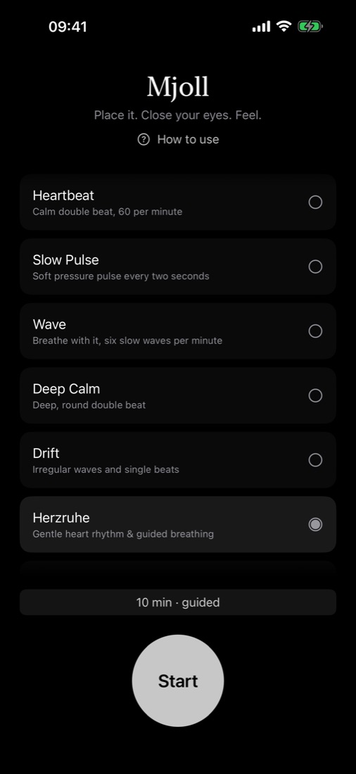 Program list with Herzruhe selected, a ten-minute guided session and a large Start button